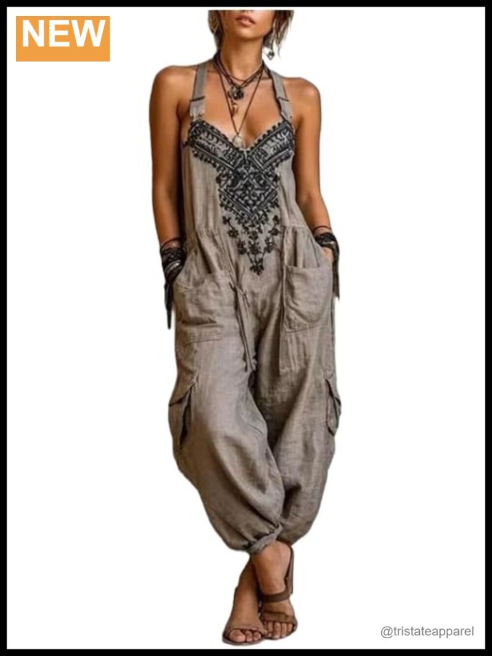 Women Boho Printed Spaghetti Strap Jumpsuit Loose Baggy Cargo Overalls Back Tie